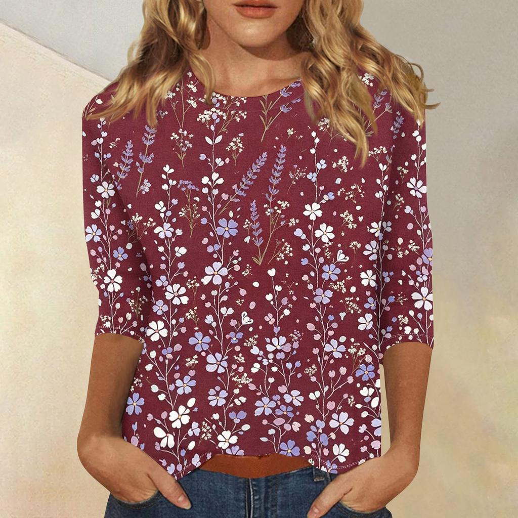 Damen Lässiges Blumenmuster Oberteil Dreiviertelarm Rundhals Bluse Leicht Bequeme Passform Stilvolles Design