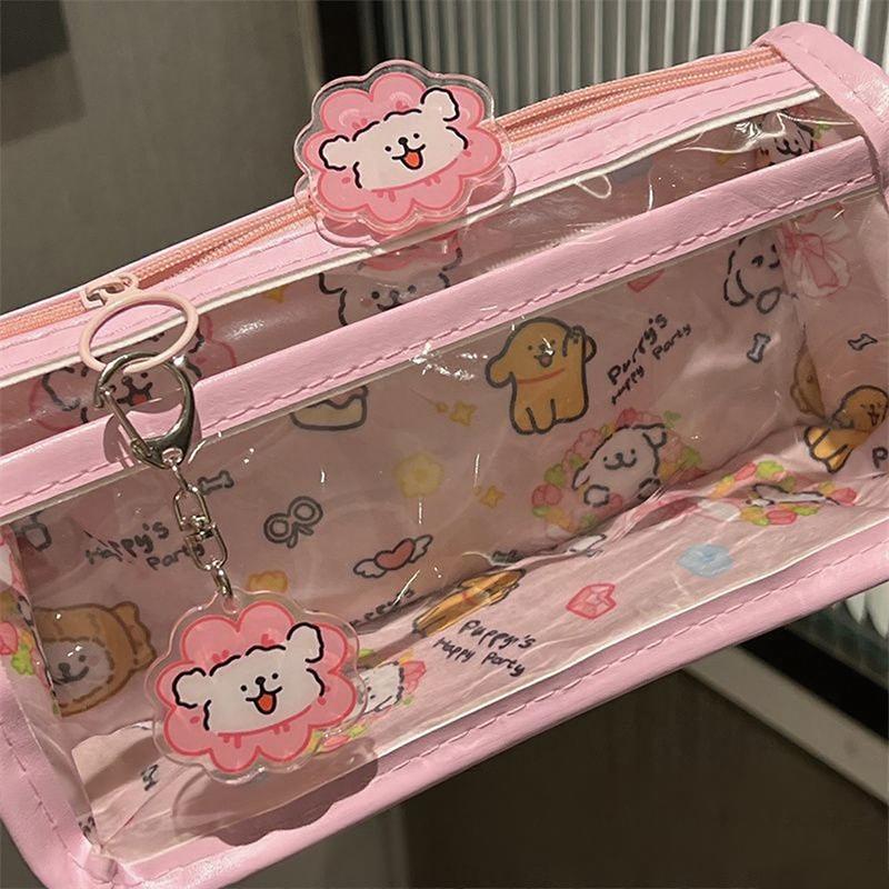 Swimming Line Puppy Double-layer Pencil Case Transparent Love Wind Double-layer Large-capacity Student Stationery Storage Pencil Case