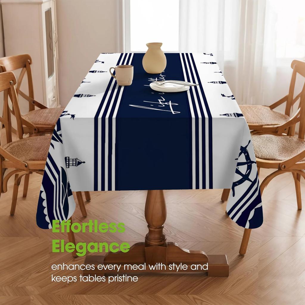 1 pezzo di tovaglia stampata in stile nautico estivo, blu navy con strisce bianche, yzb
