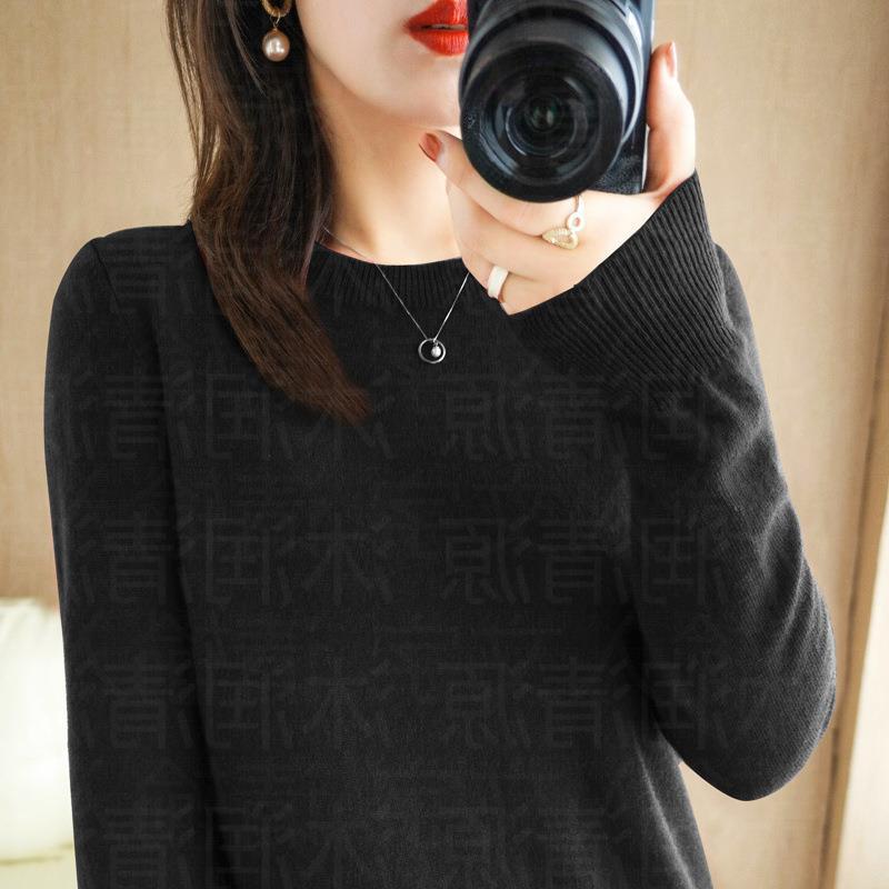 Women's O-Neck Thin Sweaters Solid Color Print Pullovers Fashion Casual Autumn Winter Long Sleeve Pull Jumper Commuter Knitted Base Shirt