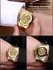 Modun Men's Gold Dragon Pattern Automatic Skeleton Watch with Genuine Leather Strap and Waterproof Multifunctionality