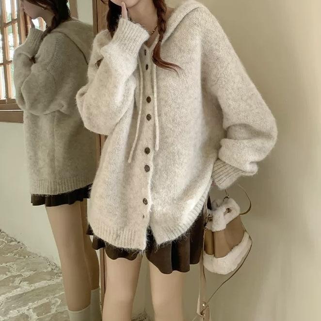 Autumn and Winter Cardigan Jacket Loose Solid Color Hooded Knit Sweater Top for Women