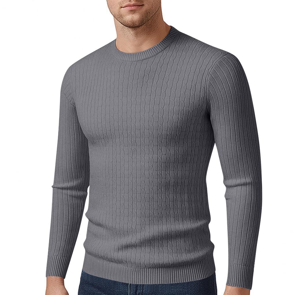 Men's Long Sleeved Solid Color Cable Knit Sweater Bottoming Shirt Slim Fit Pullover