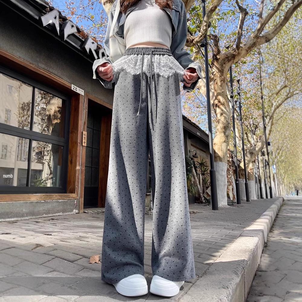 Women's Grey Polka Dot Lace Patchwork Wide-Leg High Waist Floor-Length Pants for Spring and Autumn