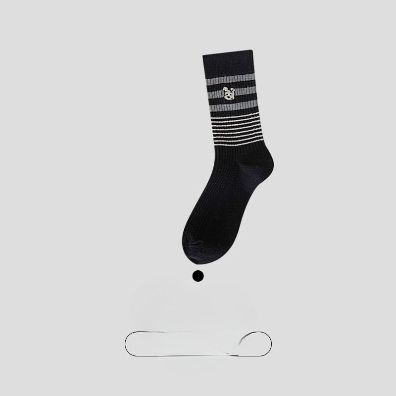 Embroidered Dog Academy Style Socks for Women, Spring and Autumn, Striped Mid-calf Cotton Socks, Retro Boneless Long Socks