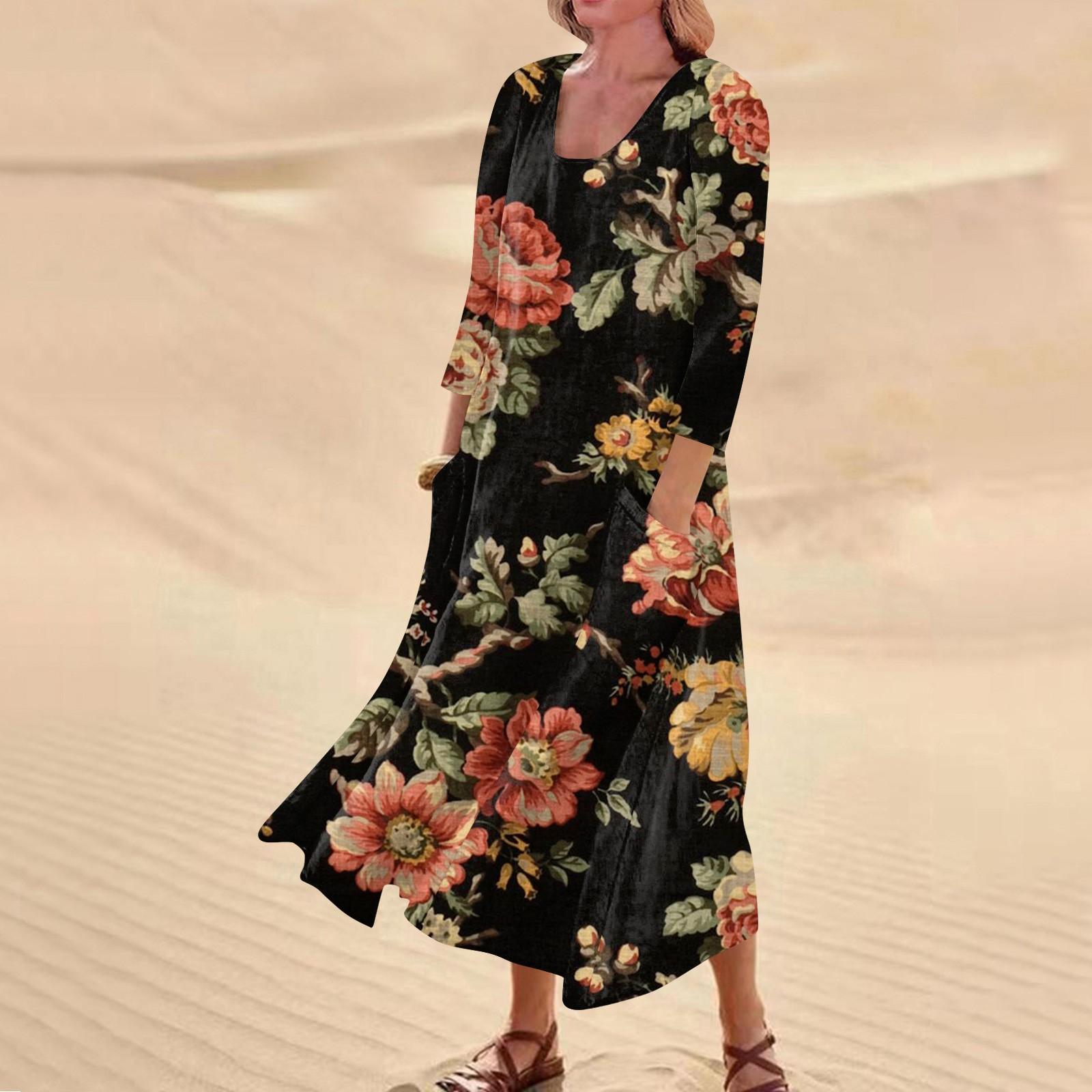 

Женское повседневное удобное хлопковое карманное платье с цветочным принтом и рукавами три четверти XXXL оранжевый