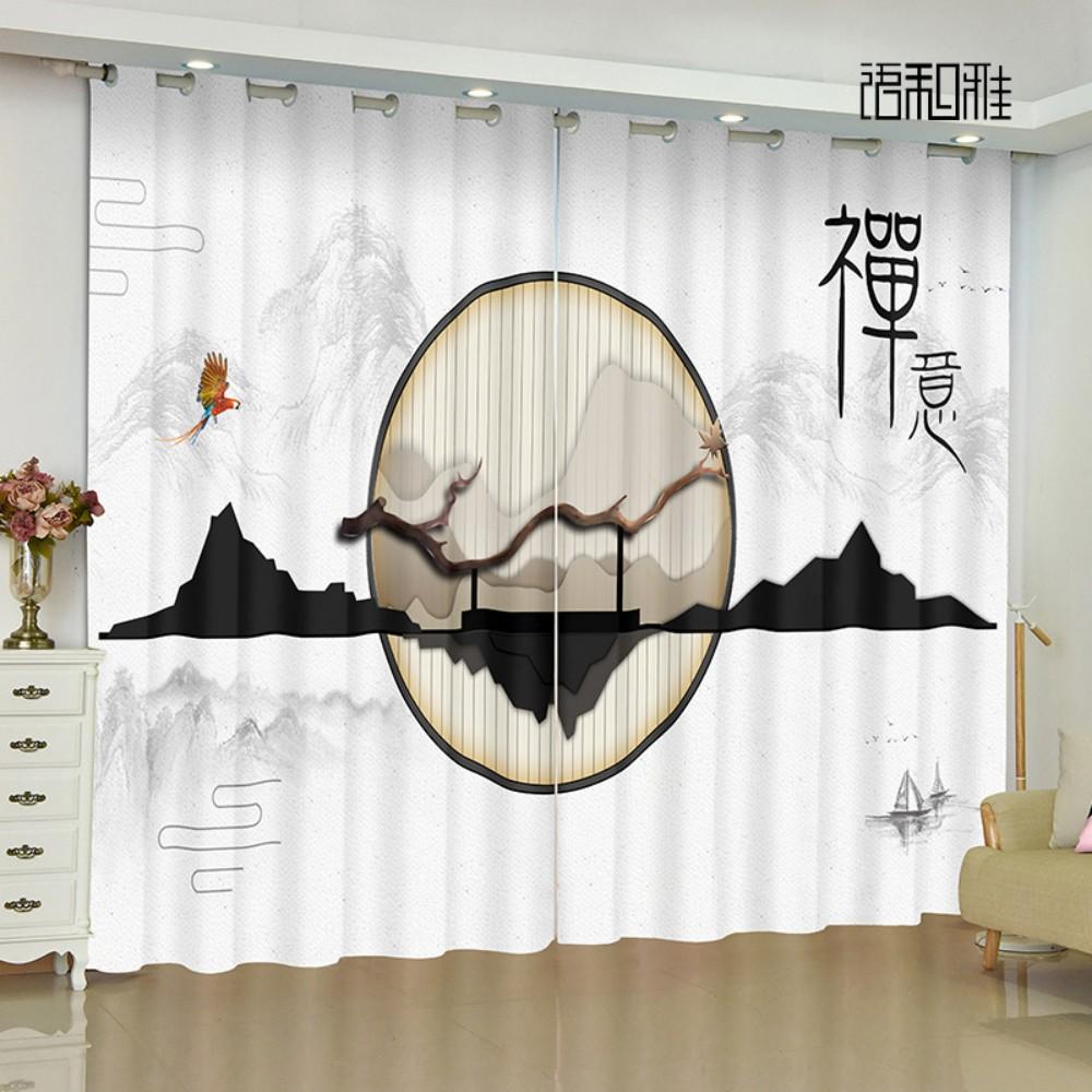 Modern New Chinese Buddhism Landscape Painting Living Room Study High-end Bedroom Famous Curtains Zen Retro Transparent Curtains