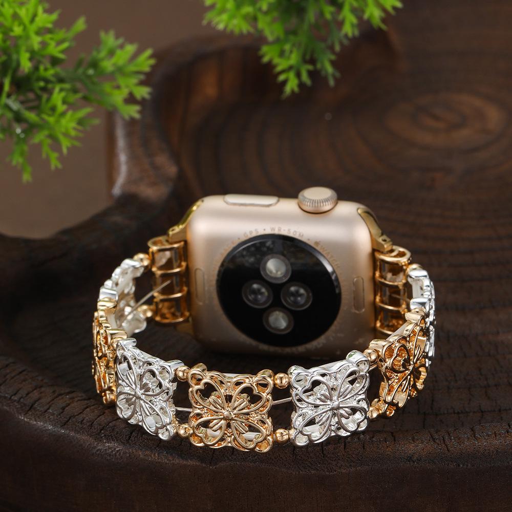 

Apple Watch Ultra Floral Elastic Metal Bracelet Strap 38/40/41mm золотий/білий