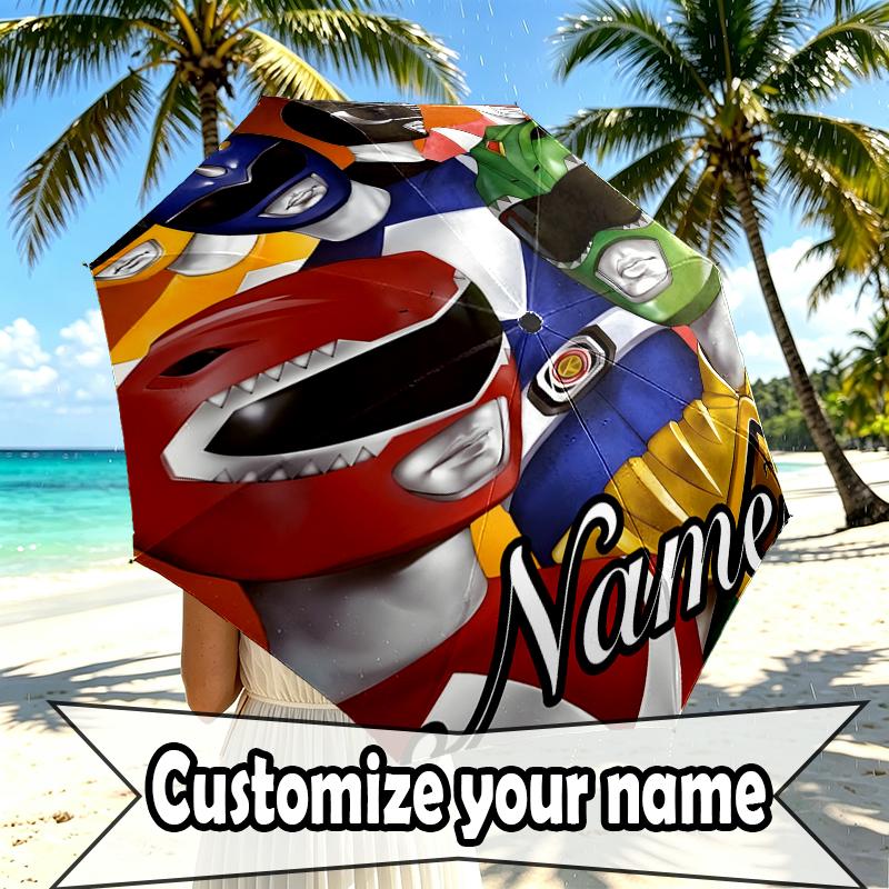 Custom Name Personalized Mighty Morphin Power Rangers Print Umbrella, Auto Open Close, 8‑Rib Sturdy Frame, Commute Camping Hiking Use, Birthday Gift