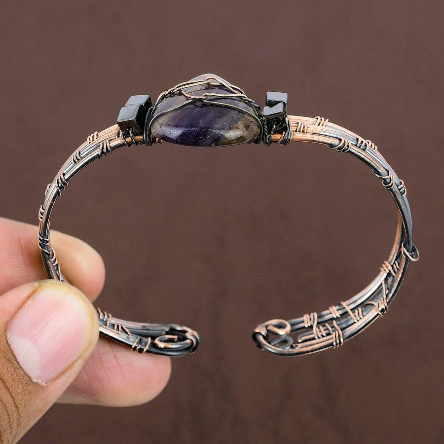 Natural Fluorite Gemstone Handmade Copper Wire Wrap Cuff Bangle Adjustable G9r78