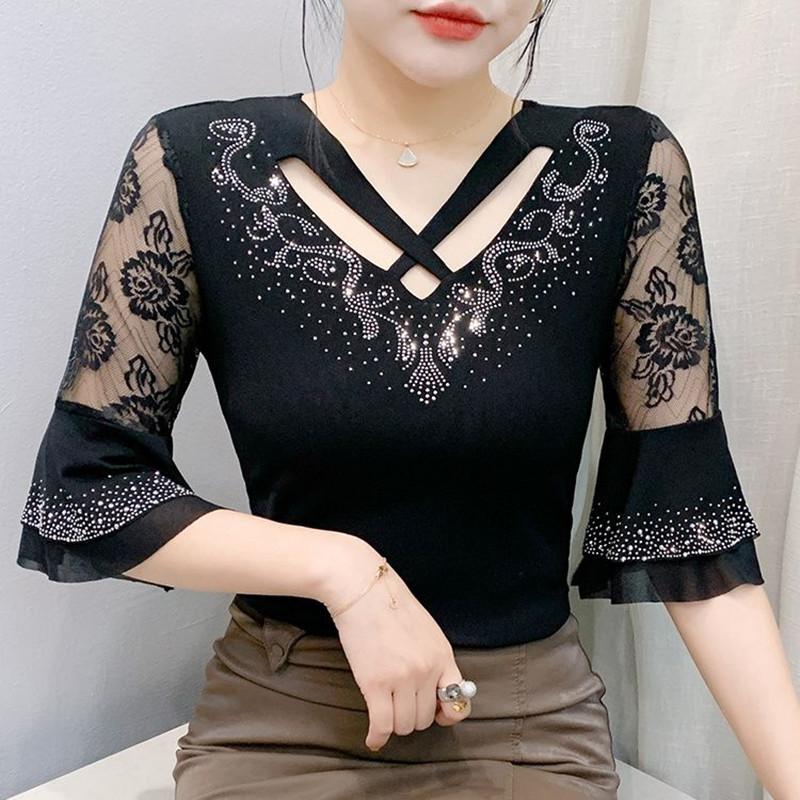 New Summer Sexy V-Neck Hollow Out Hot Diamonds Women's T-Shirt Half Sleeve Fashion Tops Classic Elasticity Mesh Flower Tees