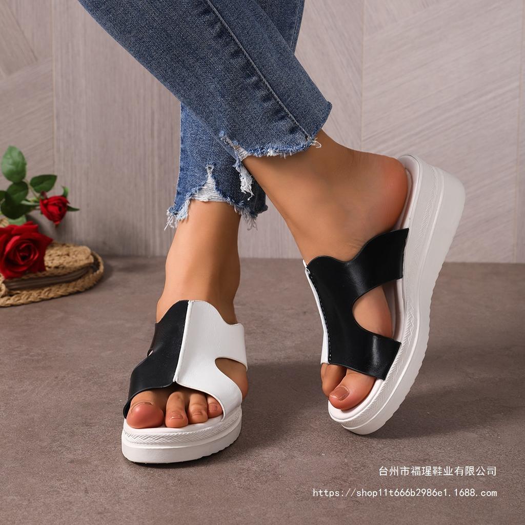 Cross-shoe Fish Mouth Slippers European and American Color Matching New Muffin Bottom Slippers Women Wear Slope Heel Cool Slippers Women 2025 Summer