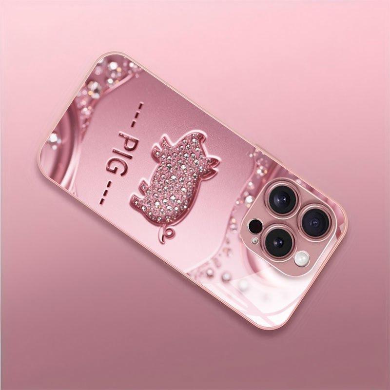 Lucky Pink Pig Pattern Metallic Paint Glass Hard Phone Case For iPhone 17 16 15 Pro Max 14 13 12 11 15 Plus 17 Air 16E Cover