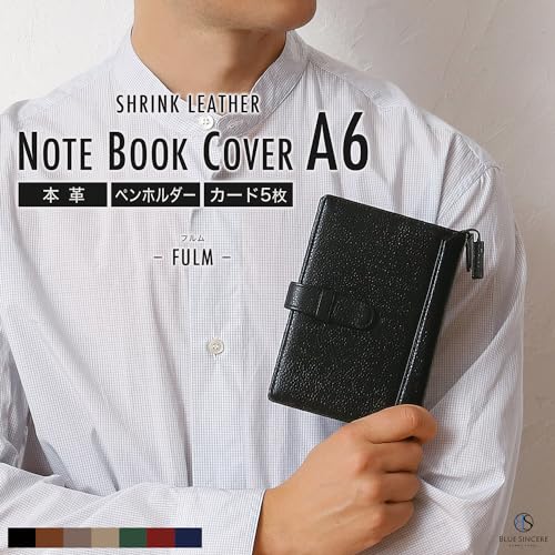 [BLUE SINCERE] A6 Size Notebook Cover, Genuine Leather, Holds 2 Books, Pen Holder, Pocket, Cards, Sticky Notes, Business Cards, Bookmark Included / NC