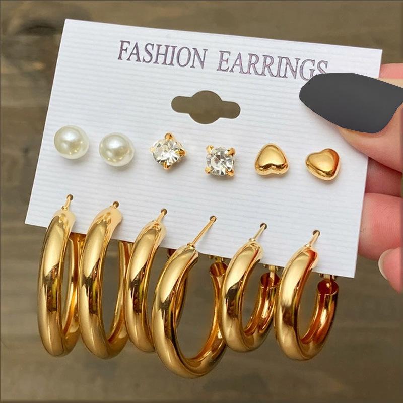 European & American Retro Geometric Hammered Textured Earrings 6-Piece Set: Creative Heart Diamond Stud & Alloy Earrings