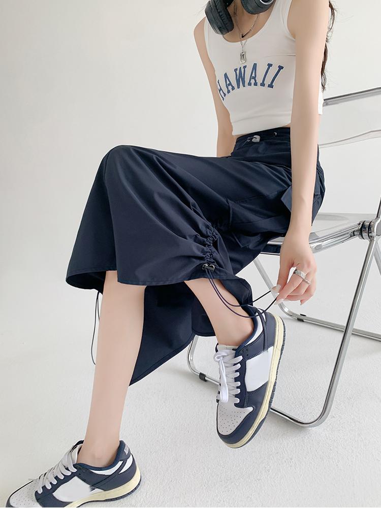 Cargo Midi Skirt Women Summer Slim High Waist Slit A-line Skirt Stitching Drawstring Female Streetwear Vintage Y2K Grey