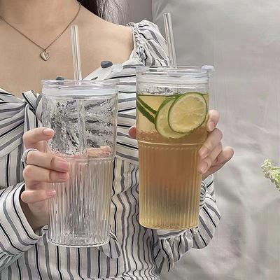600ML Stripe Glass Cup With Lid and Straw Transparent Ice American Coffee Cup Summer Ice Drinking Cup Bubble Tea Cup Juice Glass