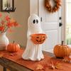 Holiday Party Buffet Tableware Resin Ghost Statue with Pumpkin Candy Bowl, Cute Figurine, Trick Spooky Season Entryway Accents or Treat Holder