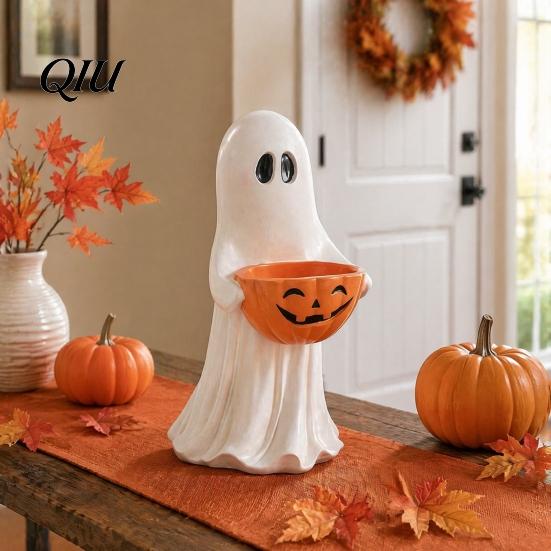 Holiday Party Buffet Tableware Resin Ghost Statue with Pumpkin Candy Bowl, Cute Figurine, Trick Spooky Season Entryway Accents or Treat Holder