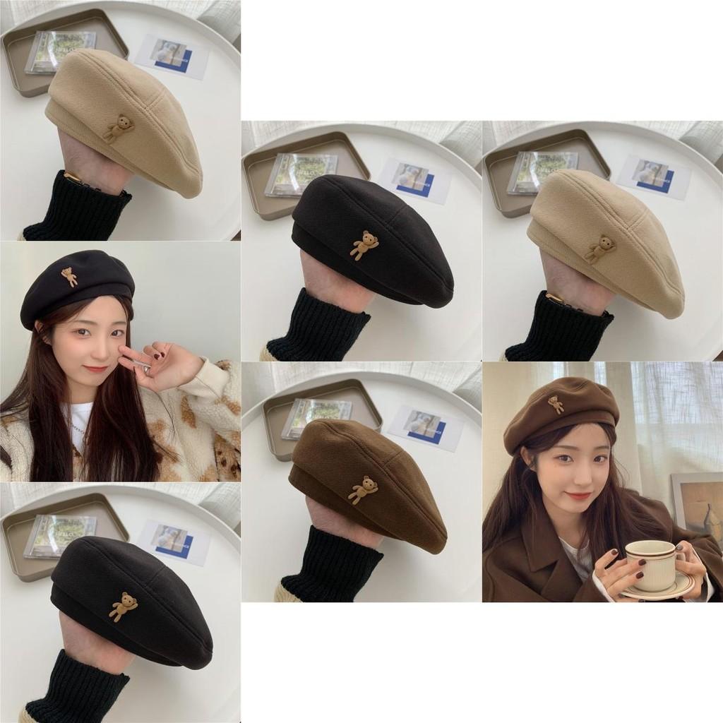 Cozy Brown Wool Beret Artist Hat For Winter Women Men With Cute Bear Design
