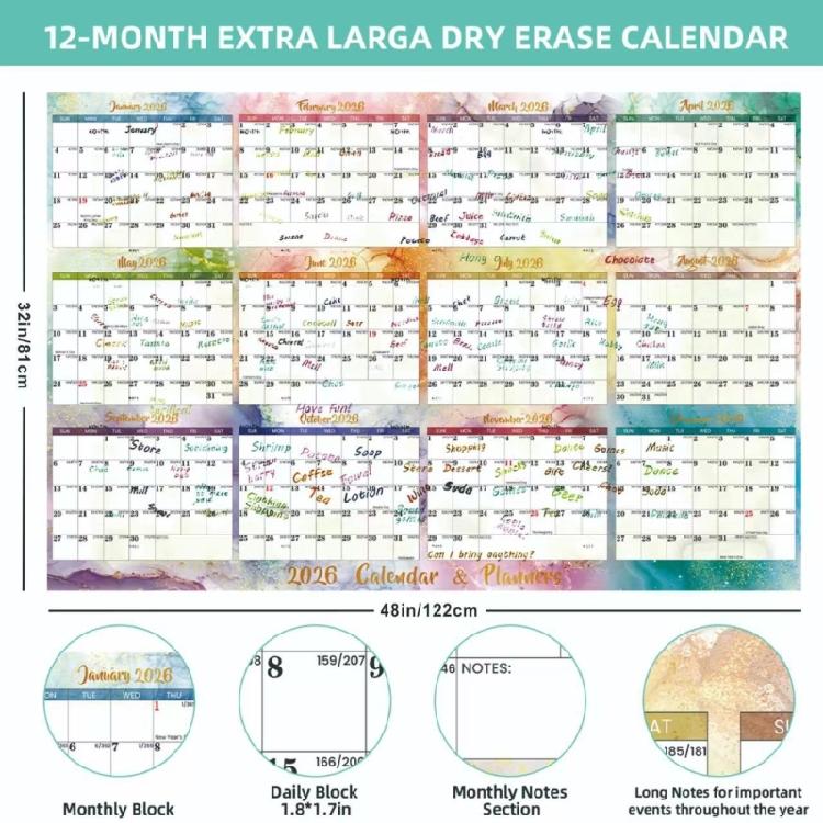2026 Double Sided Erasable Calendar 48x32Inch Full Year to View Calendar Wall Mount Yearly Planner Dated for Home Office
