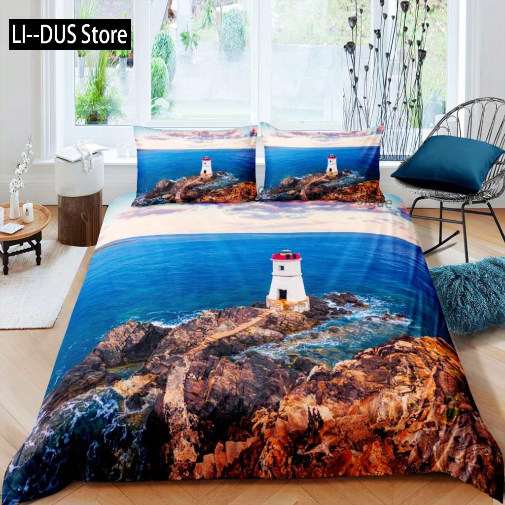 Lighthouse Duvet Cover Set Nautical Surfing Ocean Wave Bedding Set Queen Polyester Coastal Nature Theme Quilt Cover For Kids Boy
