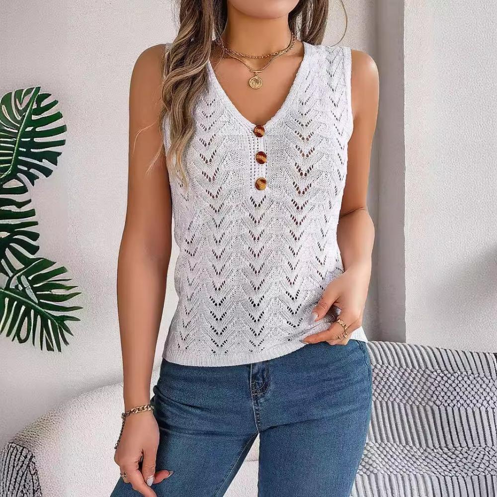 Knoflík V výstřih dutý bez rukávů Top prázdninový pletený svetr ženy