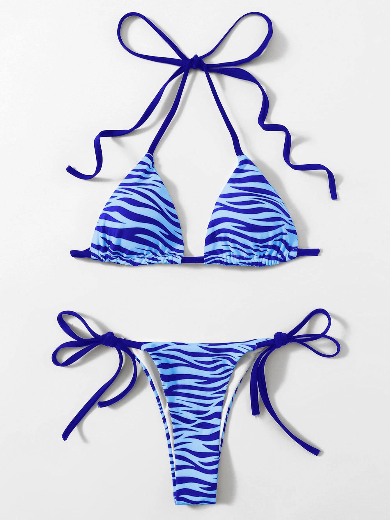 

Кружевной купальник бикини со шнуровкой и полосатой спиной без бретелей для женщин Medium синий