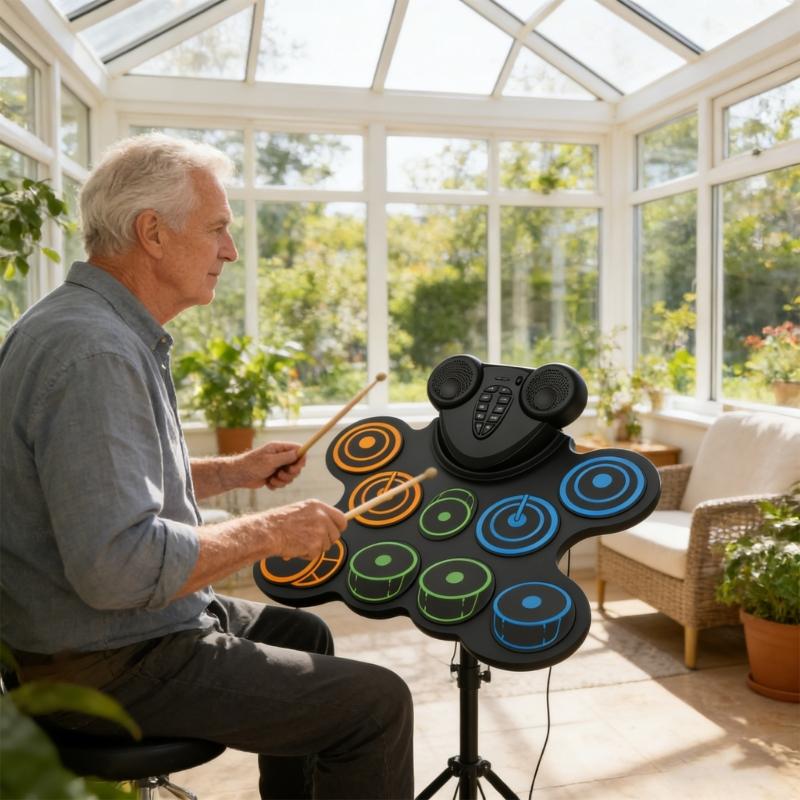 10 Pad Foldable Electronic Drum Set With Sound Output And Adjustable Setting For Kids And Beginners