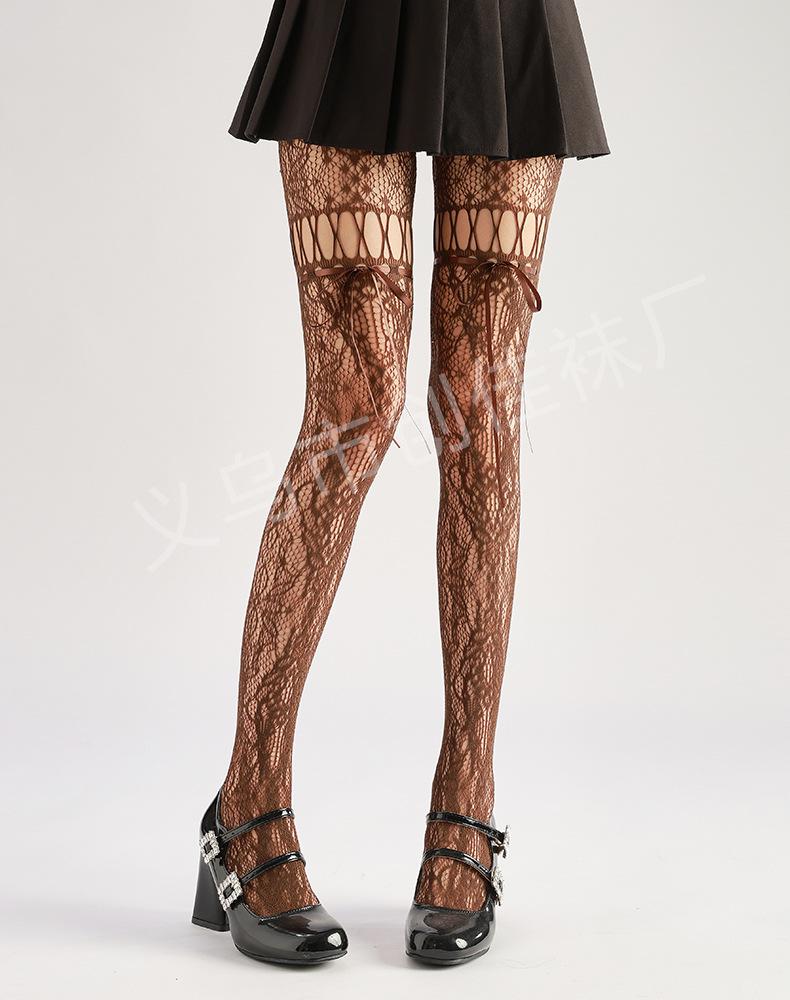 

Midnight Black Lace-Up Bow Fishnet Jacquard Mesh Y2K Pantyhose Basic коричневий