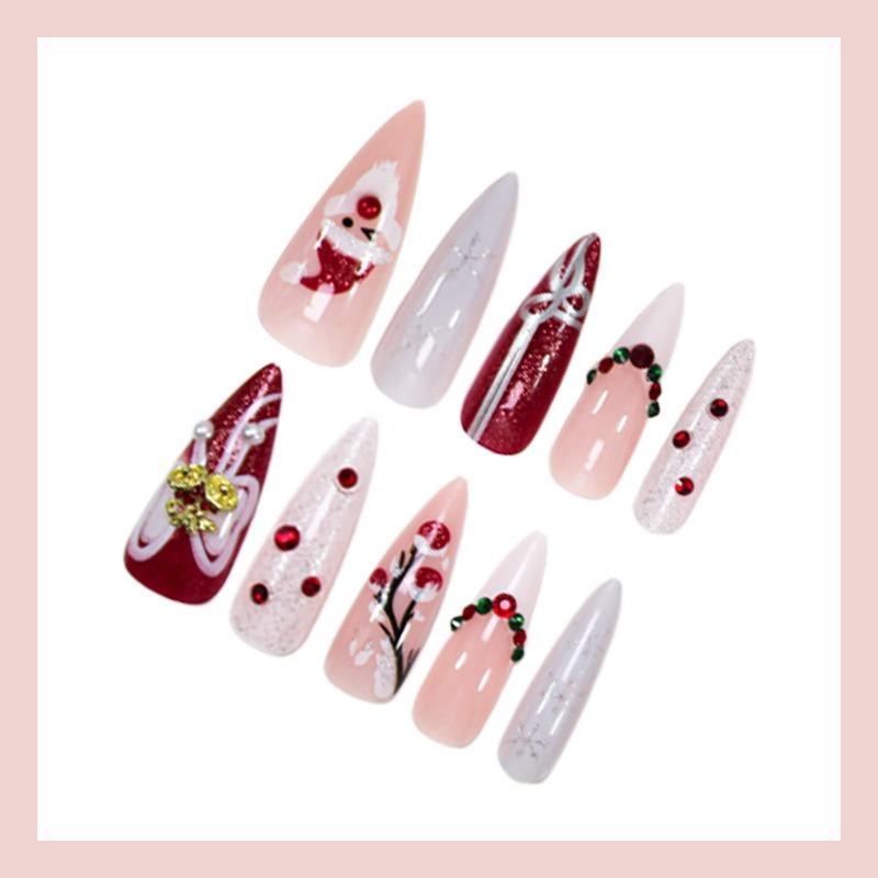 European American 3d Christmas Sparkle Snowflake French Long Stiletto Press On Nails For Women