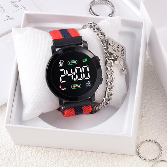 LED Elektronische Uhr Elastisches Armband Multifunktional Leuchtendes Rundes Zifferblatt Einstellbare Zeit-/Datumsanzeige Geflochtene Digitale Armbanduhr Uhr Mode