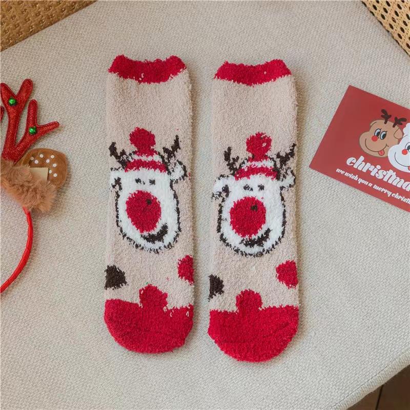 New Christmas socks Children's coral fleece thickened warm home mid-tube floor socks Autumn and winter plush sleep socks