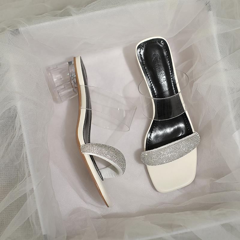 Slippers Outer Wear Summer Shoes Medium Heel Thick Heel Crystal Transparent Word with Cool Slippers