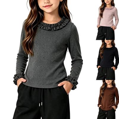 Girls Long Sleeve T-Shirt Ruffle Trim Soft Knit for Fall Winter