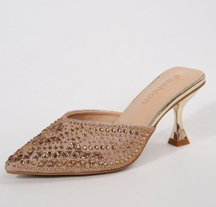 Summer New Pointed High Heels Women's Muller Shoes Transparent Water Diamond Sexy Fashion Thin Heel Women's Sandals
