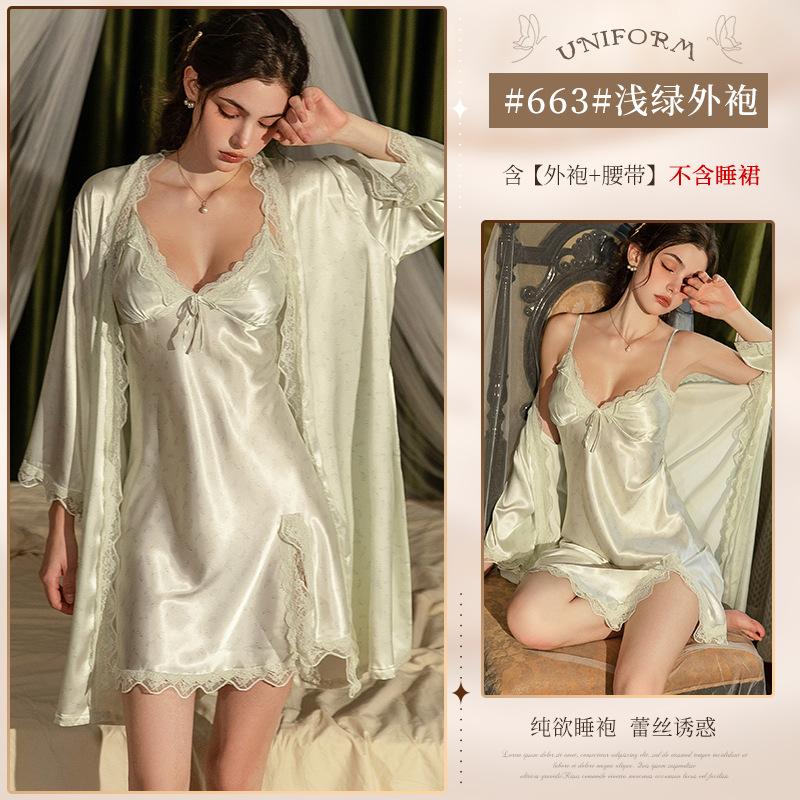 Sexy women's pajamas premium pure lace suspender nightdress with chest pad long-sleeved loungewear set