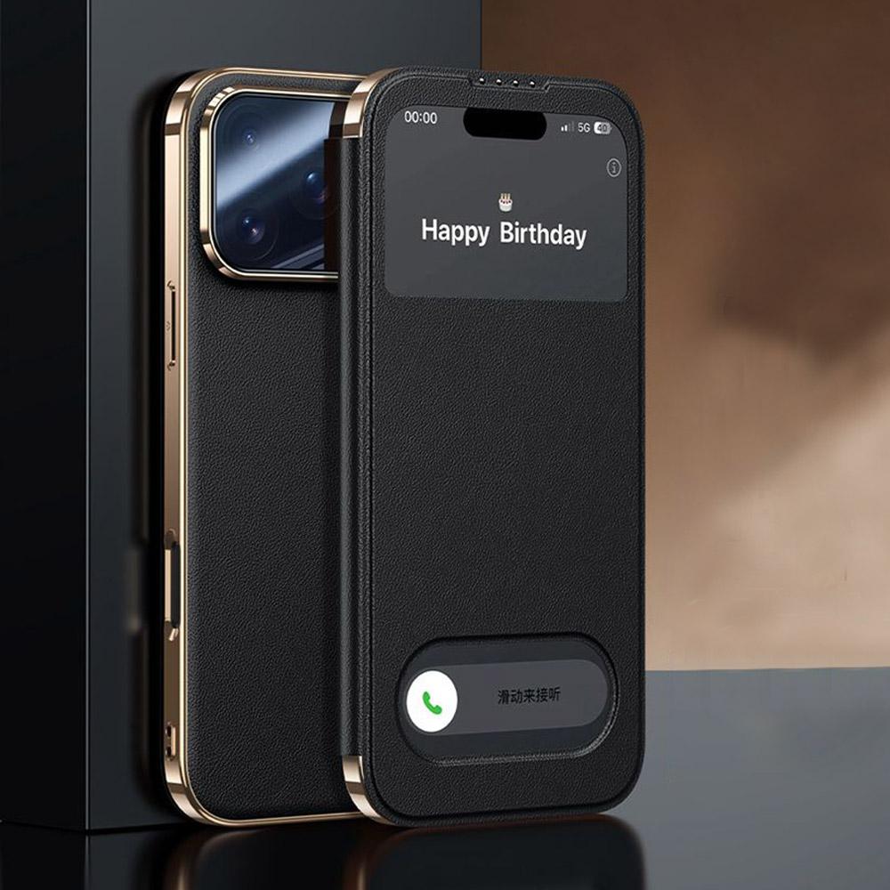 Funda de Cuero Genuino para iPhone 17 Pro Max, Funda Magnética con Ventana de Visualización Coque para iPhone17 17Pro, Tapa Flip con Protector de Lente