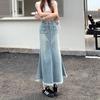 Vintage Denim Skirt for Women, Summer Thin Style, 2026 High-Waisted, Petite, Slimming, Frayed Hem, Mid-Length Fishtail Skirt