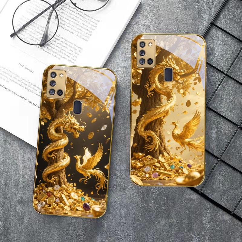 Golden Dragon Coiling For Samsung A 31 32 A33 A34 35 14 A15 13 A16 25 26 50 52 53 54 55 56 70 71 72 73 Golden glass phone case