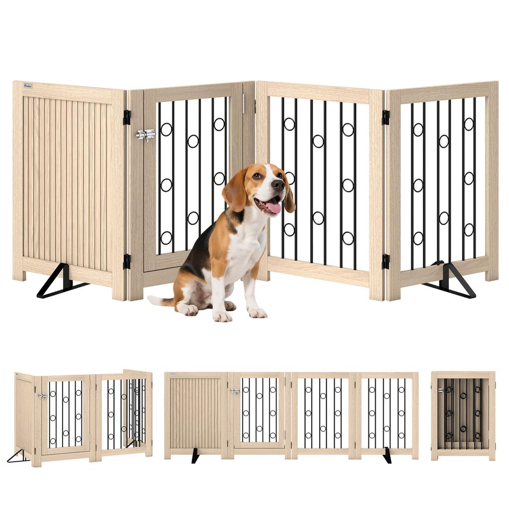 4 Panel Freestanding Pet Gate, Indoor Dog Barrier with Lockable Door, Support Feet, 360 Degrees Flexible Hinges, Oak