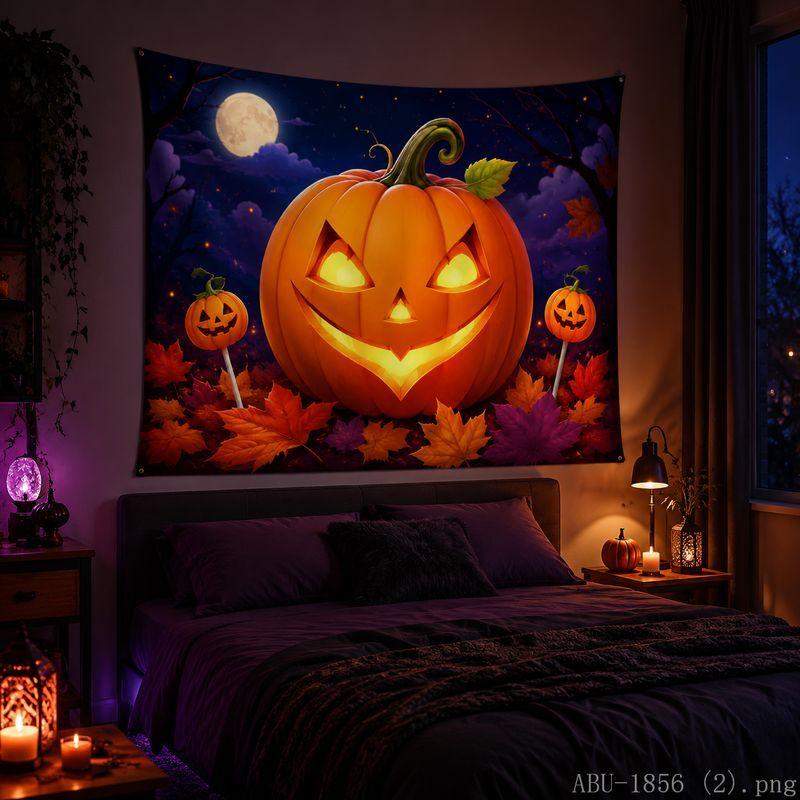 Halloween Tapestry Pumpkin Bat Cat Maple Leaf Moon Print Bedroom Living Room Party Wall Hanging Decor Cloth