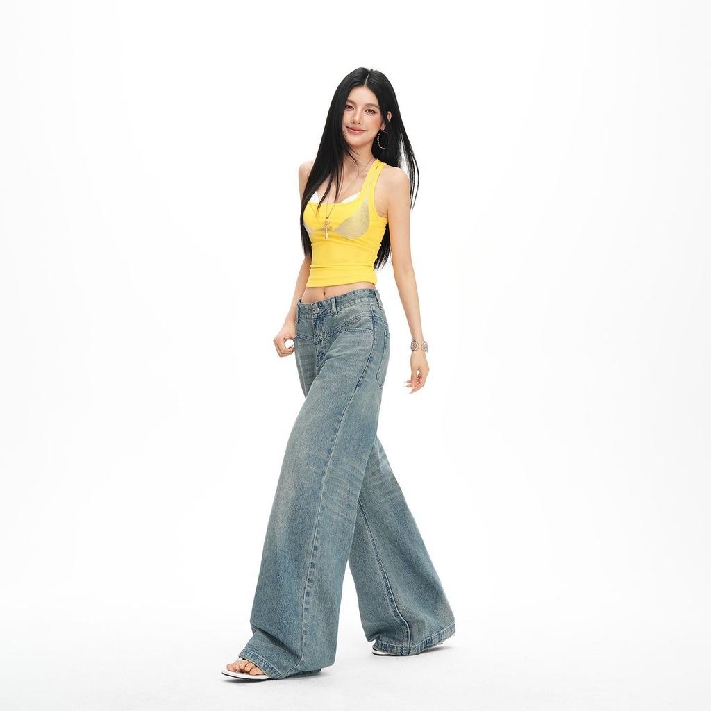Spring Summer Vintage High Waist Slim Drape Straight Floor Wide Leg Denim Pants For Ladies Casual Pants Oversize Denim Trousers
