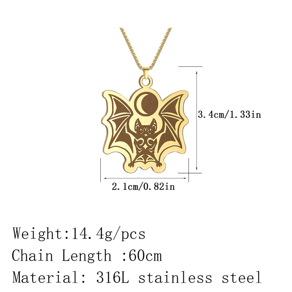 Kinitial Stainless Steel Runic Tribal Vampire Bat With Moon Men Necklace Punk Jewelry Pendant Necklace