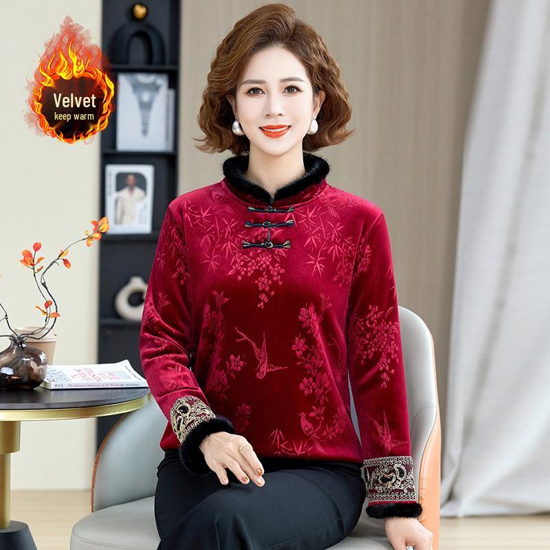 

Women s Retro Chinese Warm Base Layer Top with Frog Buttons - Plus Velvet for Autumn/Winter 5XL (recommended for 145-165 jin)