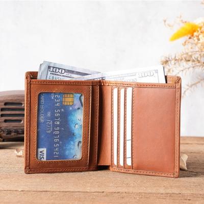 2025 Unisex Vintage Crazy Horse Full-Grain Wallet Vertical Bifold Leather Card Holder Retro Brown for Students Daily/Travel Use