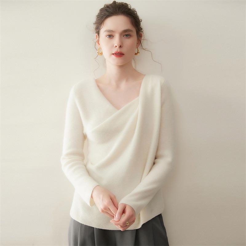 Women's Cashmere Knit Pullover - Slimming, Soft, Skin-Friendly, Twelve-Needle Solid Color Design