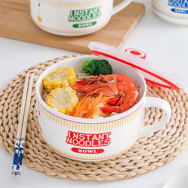 Japanese Ceramic Ramen Bowl Set: Includes Lid, Handle Bowl, Spoon, Chopsticks, and Gift Box - Perfect for Home, Dorm, and Lunch.