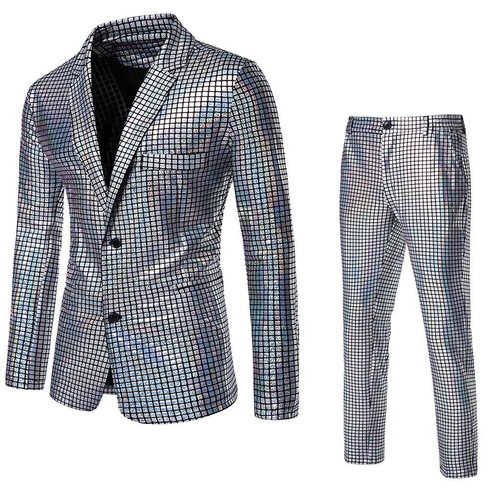 Heren Glanzende 2-delige Pakken Blazer Broek Terno Masculino Mode Feest DJ Club Kleding Smoking Pak Heren Podium Zanger Kleding