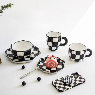 Checkerboard Black And White Irregular Cutlery Set Ceramic Dishes Plates Household Breakfast Oatmeal Cups Couple Mugs